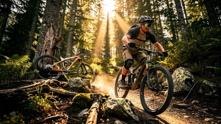 Portrait hyper-réaliste d'un cycliste passant du cross-country à l'enduro en montagne en lumière dorée