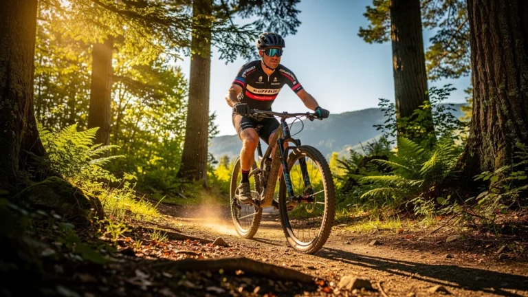 Cycliste VTT en forêt après avoir pris une licence, illustrant un plaisir renouvelé et une pratique engagée