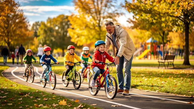 Enfants apprenant le vélo en automne dans un parc, encadrés par un instructeur patient et bienveillant
