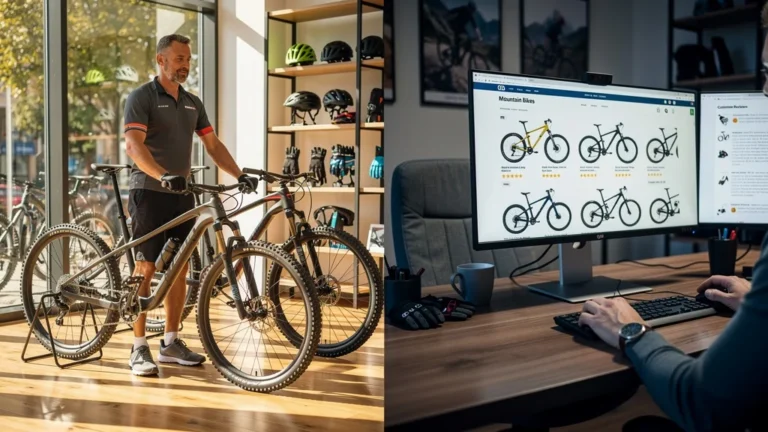 Homme réfléchissant à acheter un VTT en magasin ou en ligne, confiance et expertise en magasin et sur internet