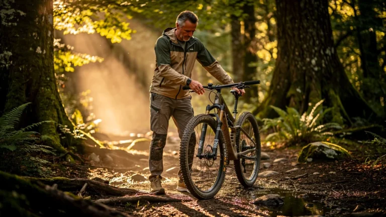 Homme de 44 ans avec VTT tubeless sur sentier forestier, retour honnête après années de chambres