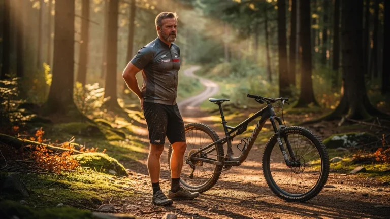 Homme VTT de 44 ans dans forêt, montre fatigue et posture après choix taille cadre à l'œil