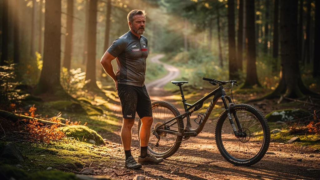 Homme VTT de 44 ans dans forêt, montre fatigue et posture après choix taille cadre à l'œil