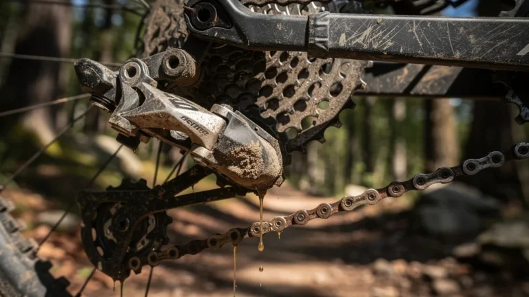 Transmission de VTT usée après des mois d’utilisation, montrant l’usure avancée et la facture à venir