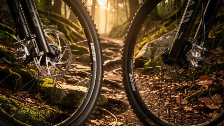 Comparaison hyper-réaliste freins à disque hydrauliques et mécaniques VTT sur sentier forestier