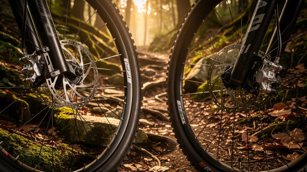 Comparaison hyper-réaliste freins à disque hydrauliques et mécaniques VTT sur sentier forestier