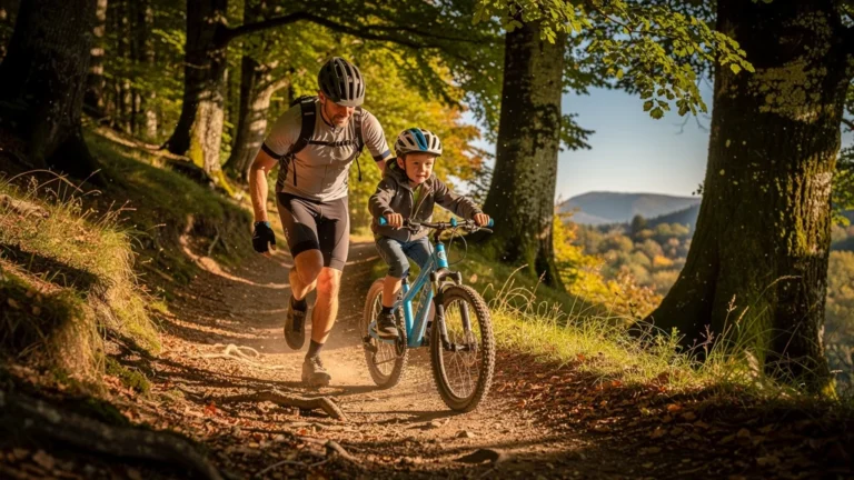 Père initie son fils au VTT sur les sentiers forestiers de Conliège en automne