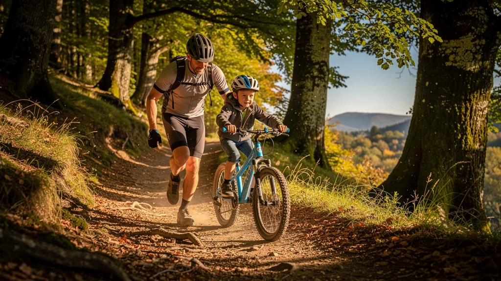 Père initie son fils au VTT sur les sentiers forestiers de Conliège en automne