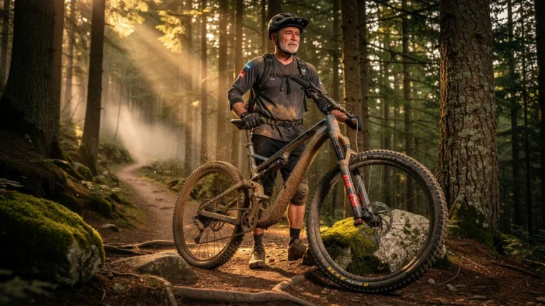 Homme de 44 ans en VTT réfléchissant après un mois avec pression de pneus réduite en forêt