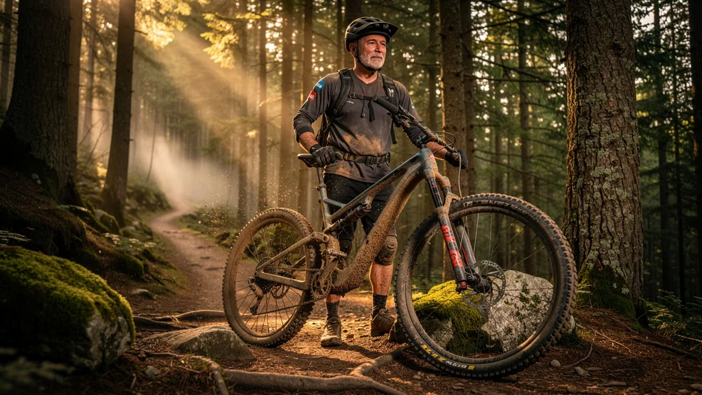 Homme de 44 ans en VTT réfléchissant après un mois avec pression de pneus réduite en forêt