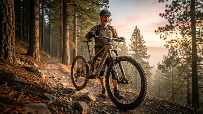 Homme de 44 ans ajustant la suspension VTT au bon SAG sur un sentier forestier au lever du jour