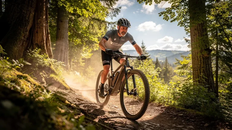 Homme de 44 ans en sortie VAE sur sentier forestier, découvrant l’assistance électrique VTT