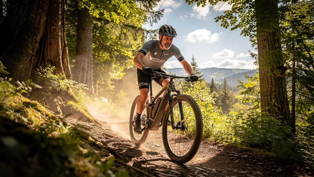 Homme de 44 ans en sortie VAE sur sentier forestier, découvrant l’assistance électrique VTT