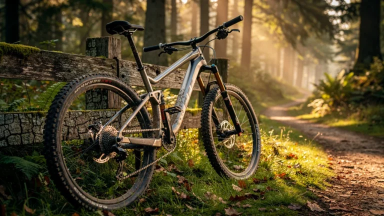 Photo hyper-réaliste d’un VTT haut de gamme dans une forêt au lever du jour, prêt pour l’aventure