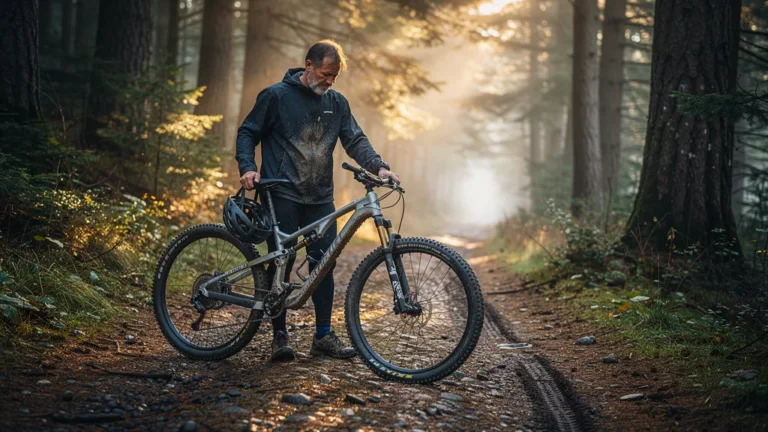 Homme de 44 ans frustré à côté d’un VTT au pneu dégonflé sur un sentier forestier humide