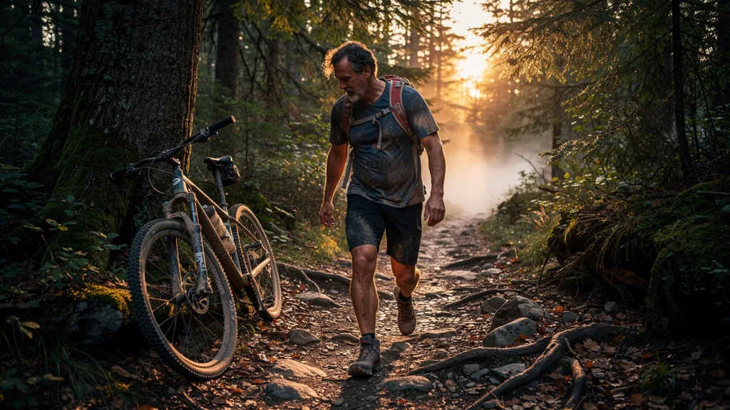 Homme d'une quarantaine d'années marchant fatigué sur un sentier forestier après crevaison VTT sans kit réparation