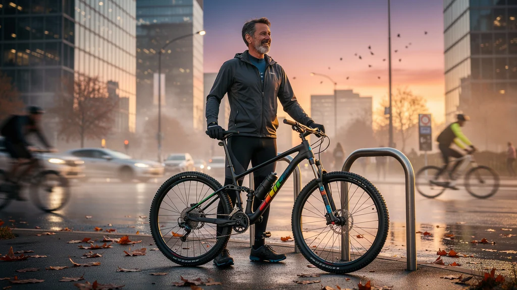 Homme de 44 ans avec vélo de montagne en ville au lever du jour, trajet travail à vélo révélateur