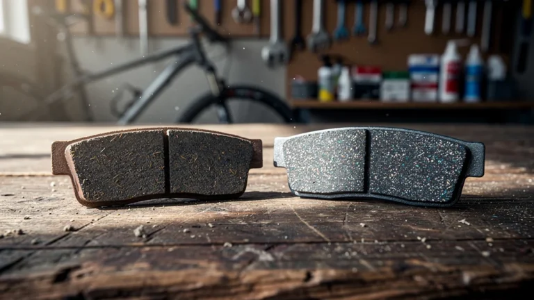 Comparaison détaillée de plaquettes de frein organiques et métalliques pour VTT sur établi en bois