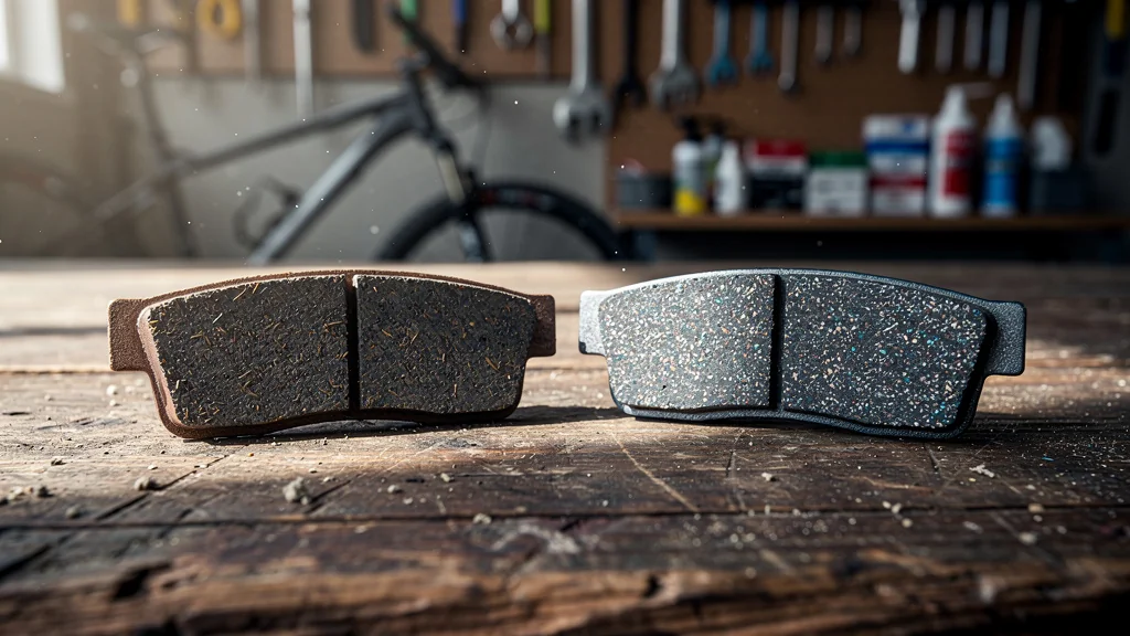 Comparaison détaillée de plaquettes de frein organiques et métalliques pour VTT sur établi en bois