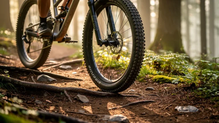 Pneu largeur basse pression sur sentier VTT naturel illustrant confort et efficacité sur chemins accidentés