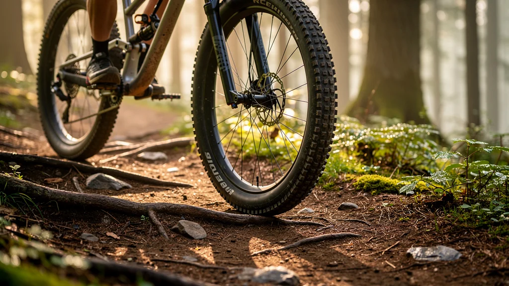 Pneu largeur basse pression sur sentier VTT naturel illustrant confort et efficacité sur chemins accidentés