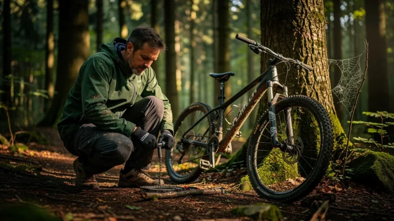Homme réparant une chaîne cassée de VTT en pleine forêt dense du Jura, ambiance nature et débrouille