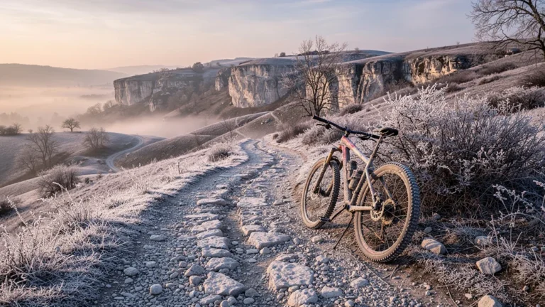 Paysage hivernal hyperréaliste sur chemins calcaires gelés avec VTT pour une sortie apaisante