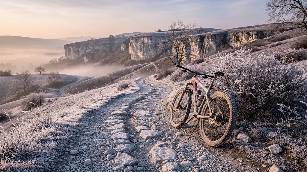 Paysage hivernal hyperréaliste sur chemins calcaires gelés avec VTT pour une sortie apaisante