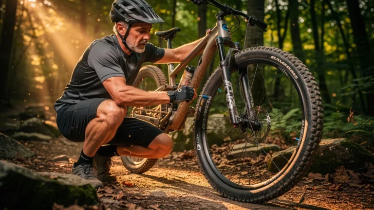 Comparaison hyper-réaliste tubeless et chambre à air sur VTT avec biker expérimenté en forêt