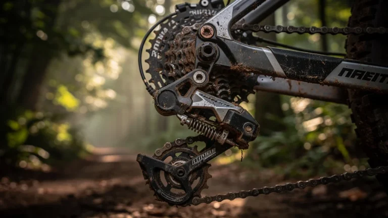 Dérailleur VTT d'entrée de gamme usé après une saison, montrant rayures, boue et rouille en détail