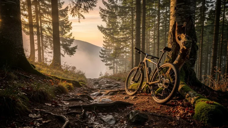 Paysage hyper-réaliste du Jura au matin avec sentier VTT, questionnant l'usage d'un enduro