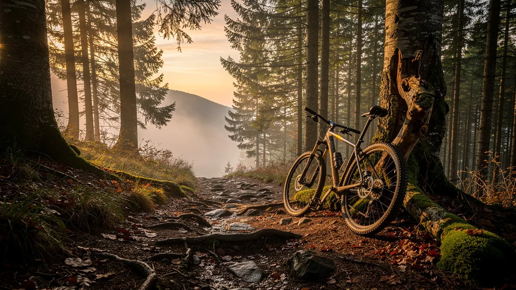 Paysage hyper-réaliste du Jura au matin avec sentier VTT, questionnant l'usage d'un enduro