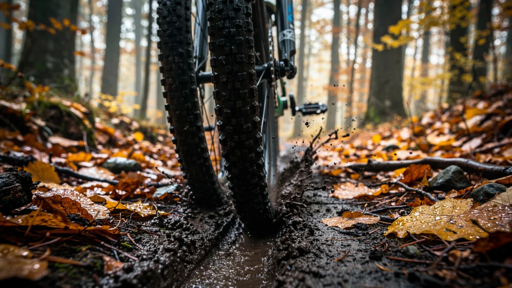 Pneu tendre avant VTT accroche parfaite sur chemin mouillé en automne humide