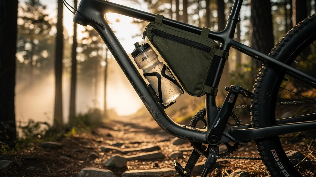 Porte-bidon et sacoche de cadre robustes essayés sur longues sorties VTT en forêt