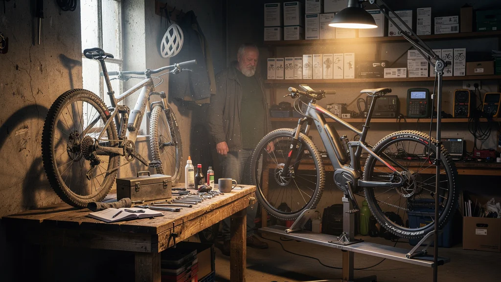 Illustration hyper-réaliste d’un VAE et d’un vélo de montagne dans un atelier contrastant entretien et technologie