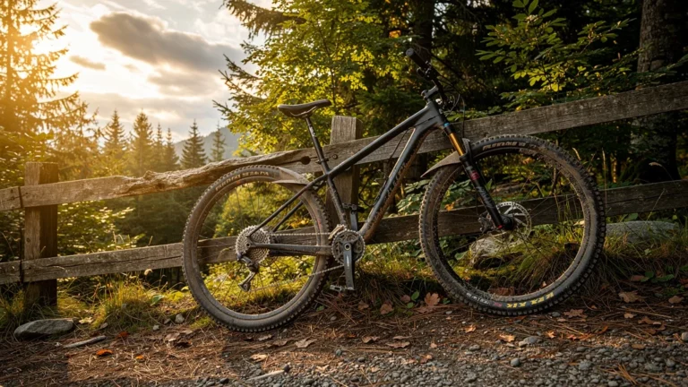 VTT d'occasion posé sur un sentier forestier, montrant usure et détails techniques en lumière dorée