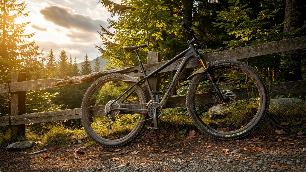 VTT d'occasion posé sur un sentier forestier, montrant usure et détails techniques en lumière dorée