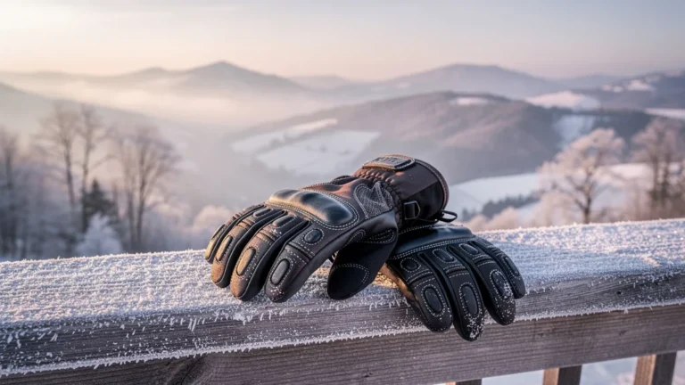 Paire de gants d'hiver robustes sur un garde-corps givré au lever du jour dans le Jura enneigé