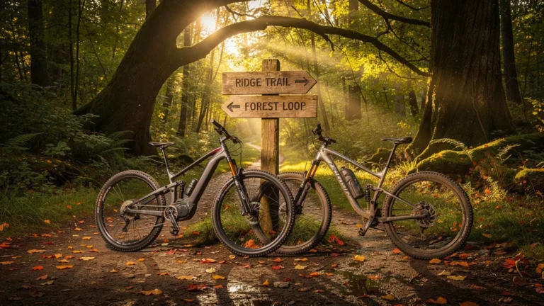 VTT à assistance et musculaire sur sentier forestier pour reprendre mon camp après essai