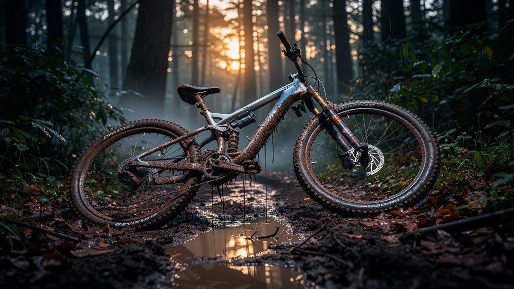 Vélo de montagne couvert de boue abandonné sur un sentier forestier, illustrant l'impact du manque d'entretien